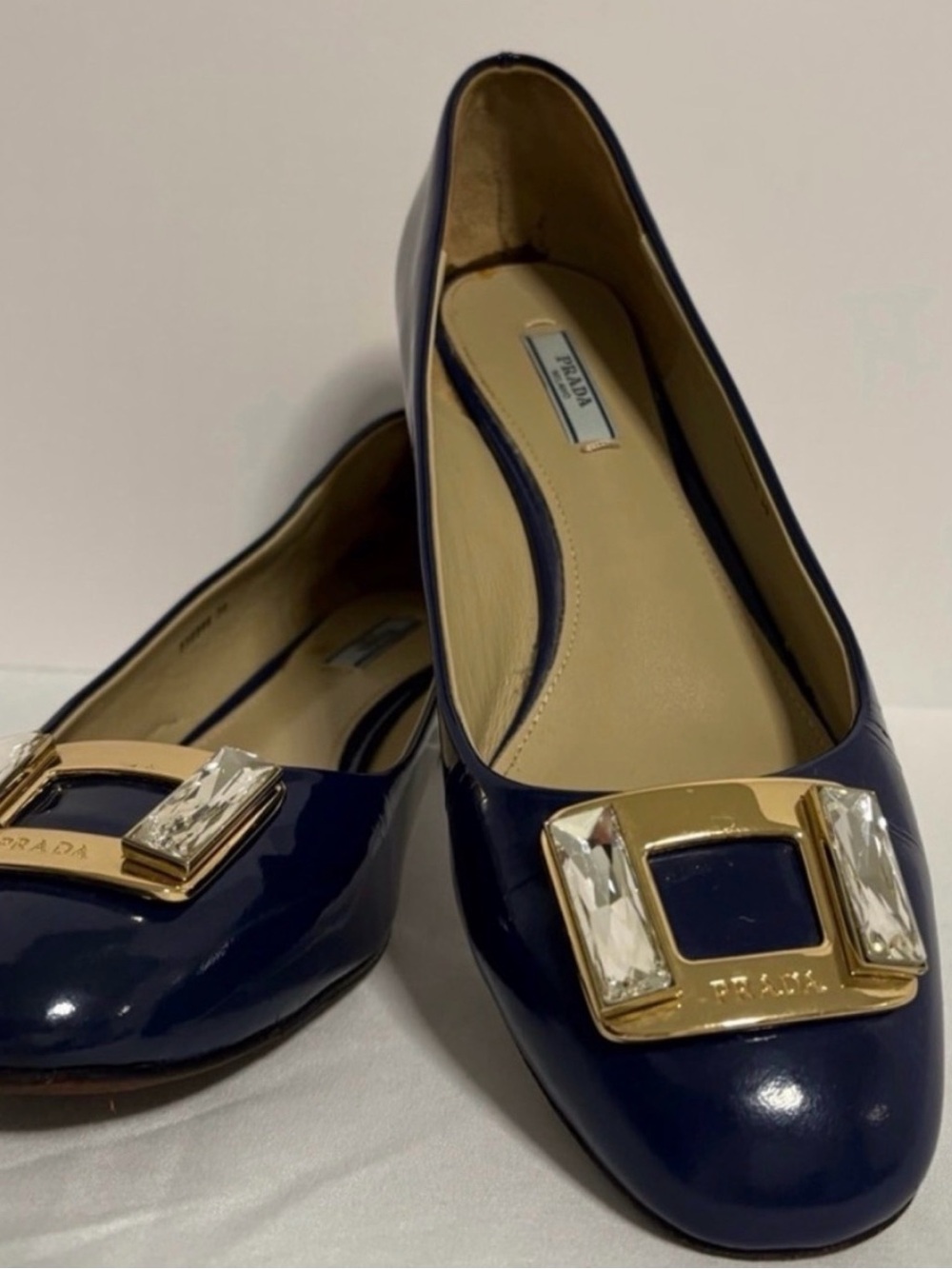 Prada 💯 Authentic Navy 💙 Patent Leather Ballet Flats with Gold Jewel Buckle
